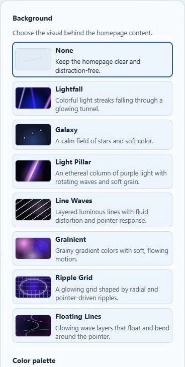 Close-up of the English background picker showing None and all seven animated backgrounds.