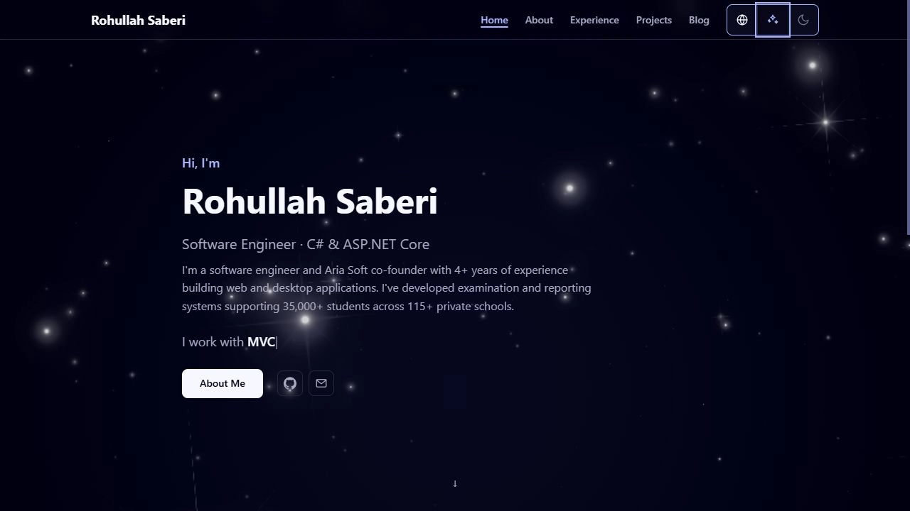 English homepage with the Galaxy star field and its dark color scheme active.