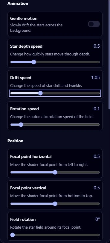 Galaxy settings panel showing Gentle motion switched off, Star depth speed, Drift speed, Rotation speed, and focal-point position controls.