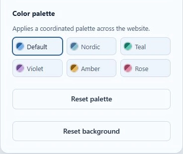 Background panel scrolled down to six color palettes and the Reset palette and Reset background buttons, with None selected.